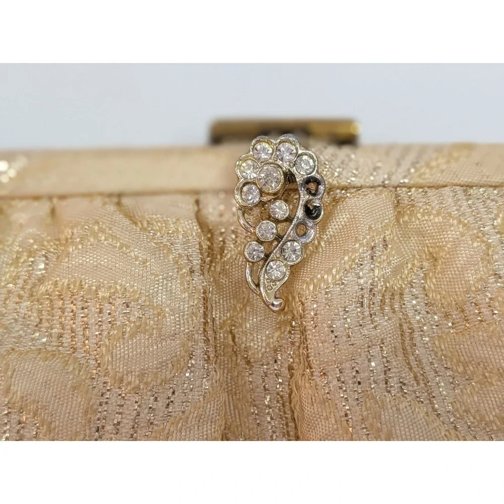 Vtg CFR Made in England Gold Brocade Evening Bag Rhinestone Clasp Chain Purse